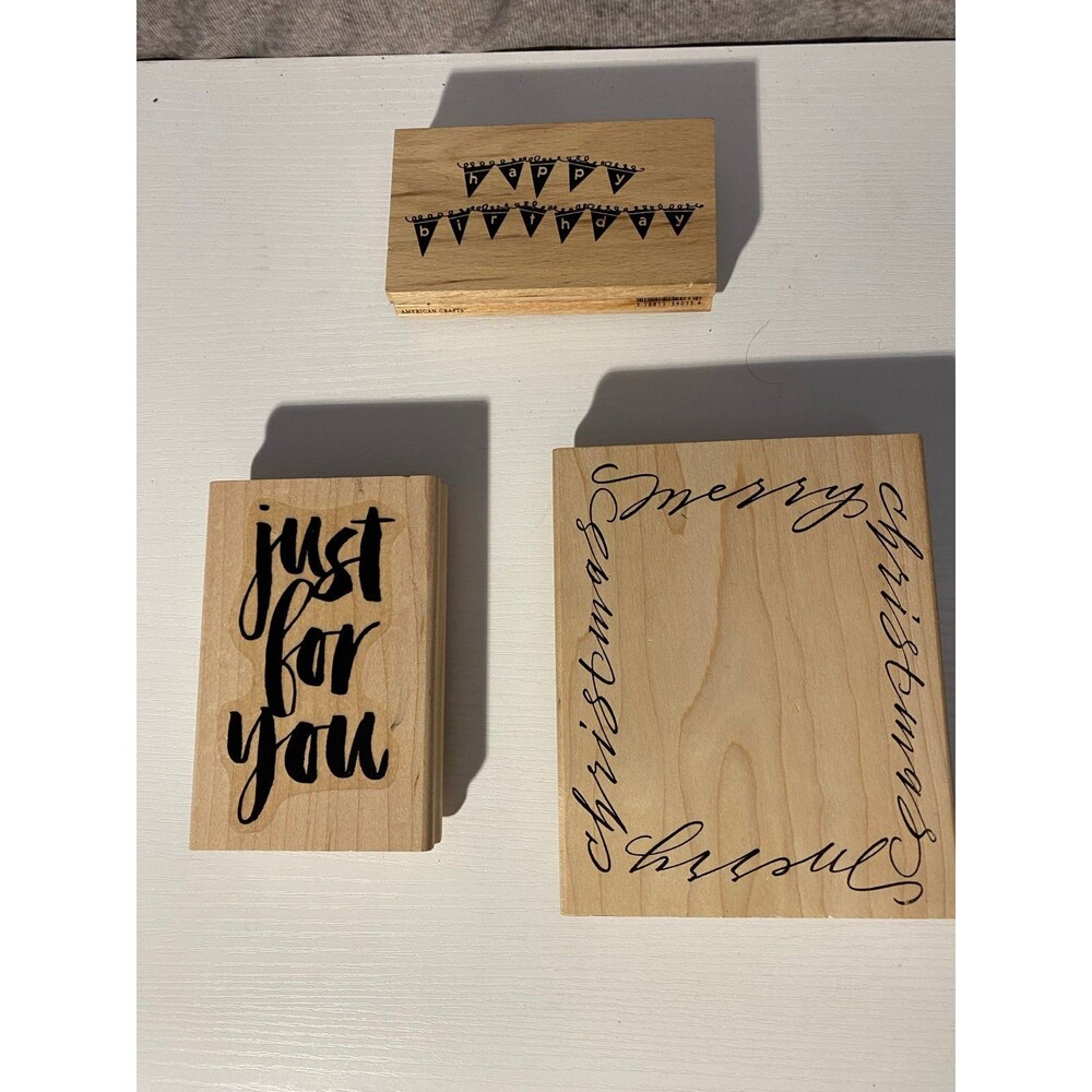 3pc Wood Rubber Stamp Lot DeNami Christmas Frame American Crafts Happy Birthday